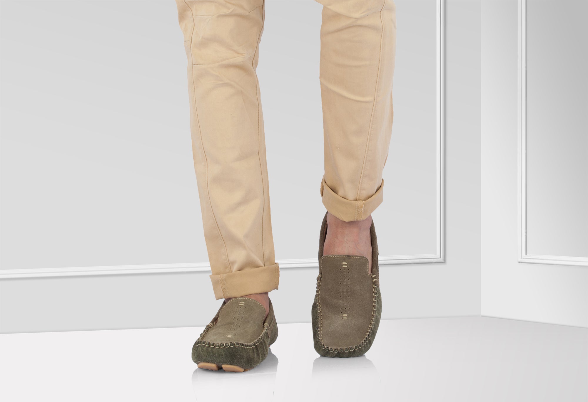Olive Green Driving Shoes Made With Olive Color Suede Leather - STN2346OLV07 - Showcase Image 1