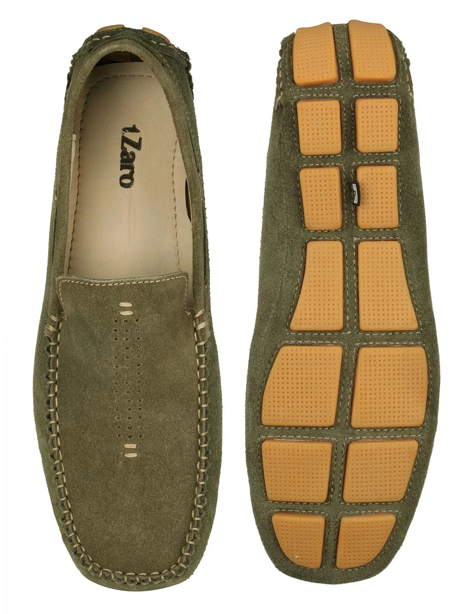 Olive Green Driving Shoes Made With Olive Color Suede Leather - STN2346OLV07