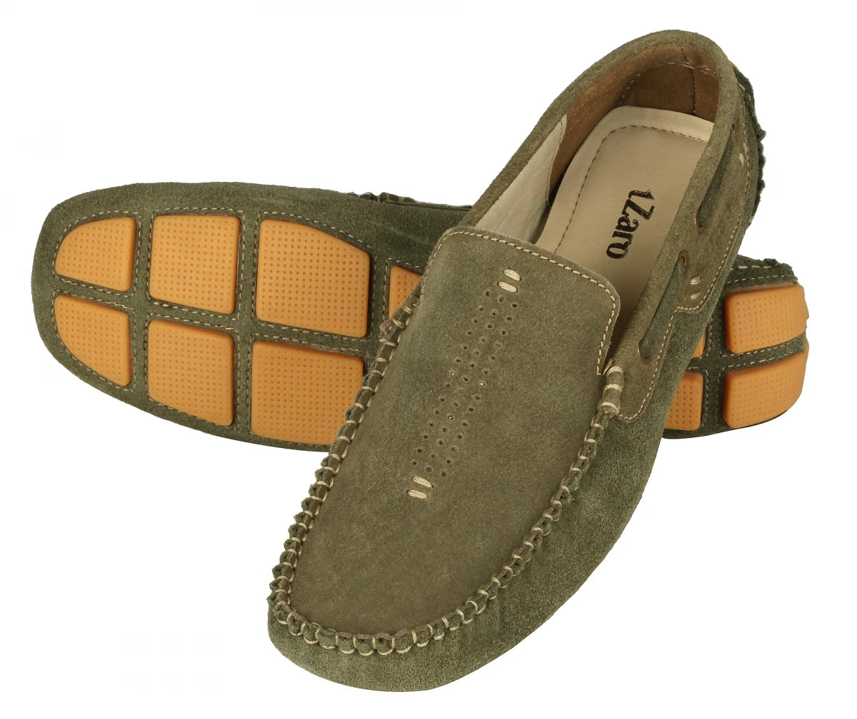 Olive Green Driving Shoes Made With Olive Color Suede Leather - STN2346OLV07
