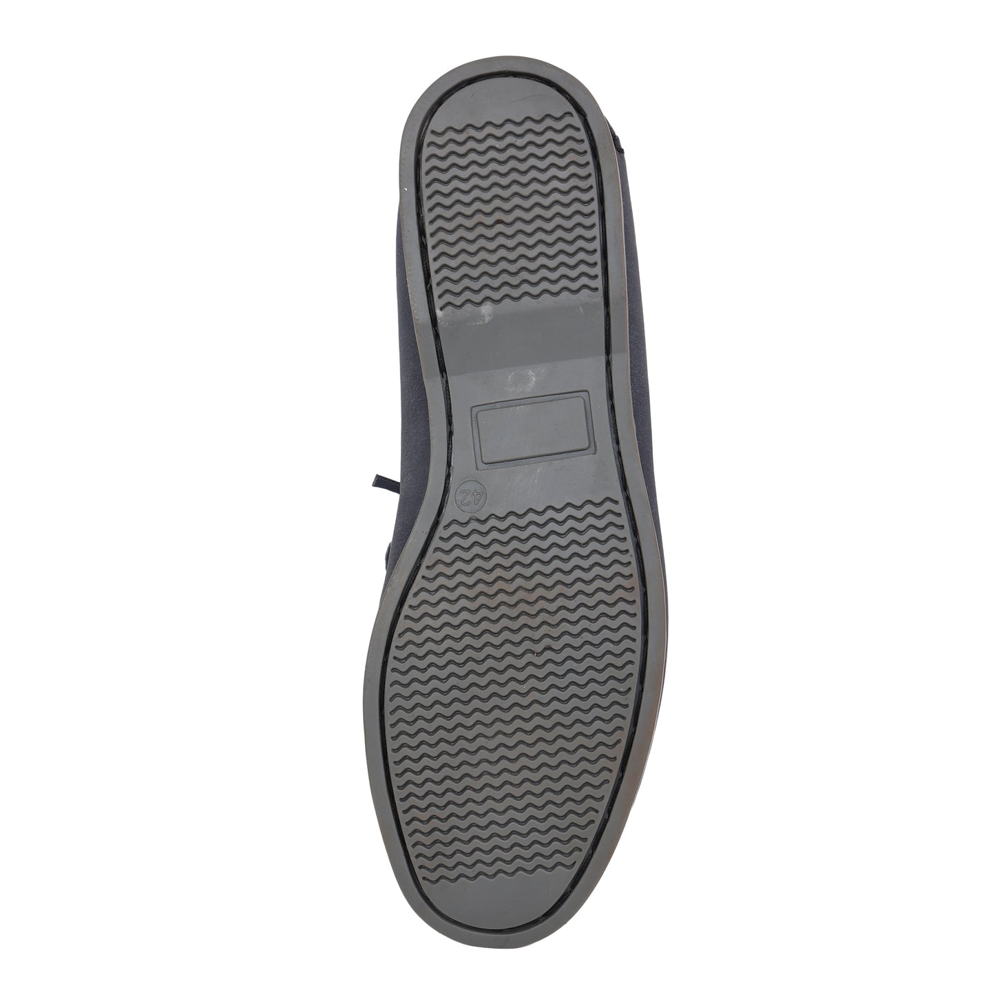 Slate blue nubuck boat shoe, flat lay outsole view showing grey TPR sole pattern