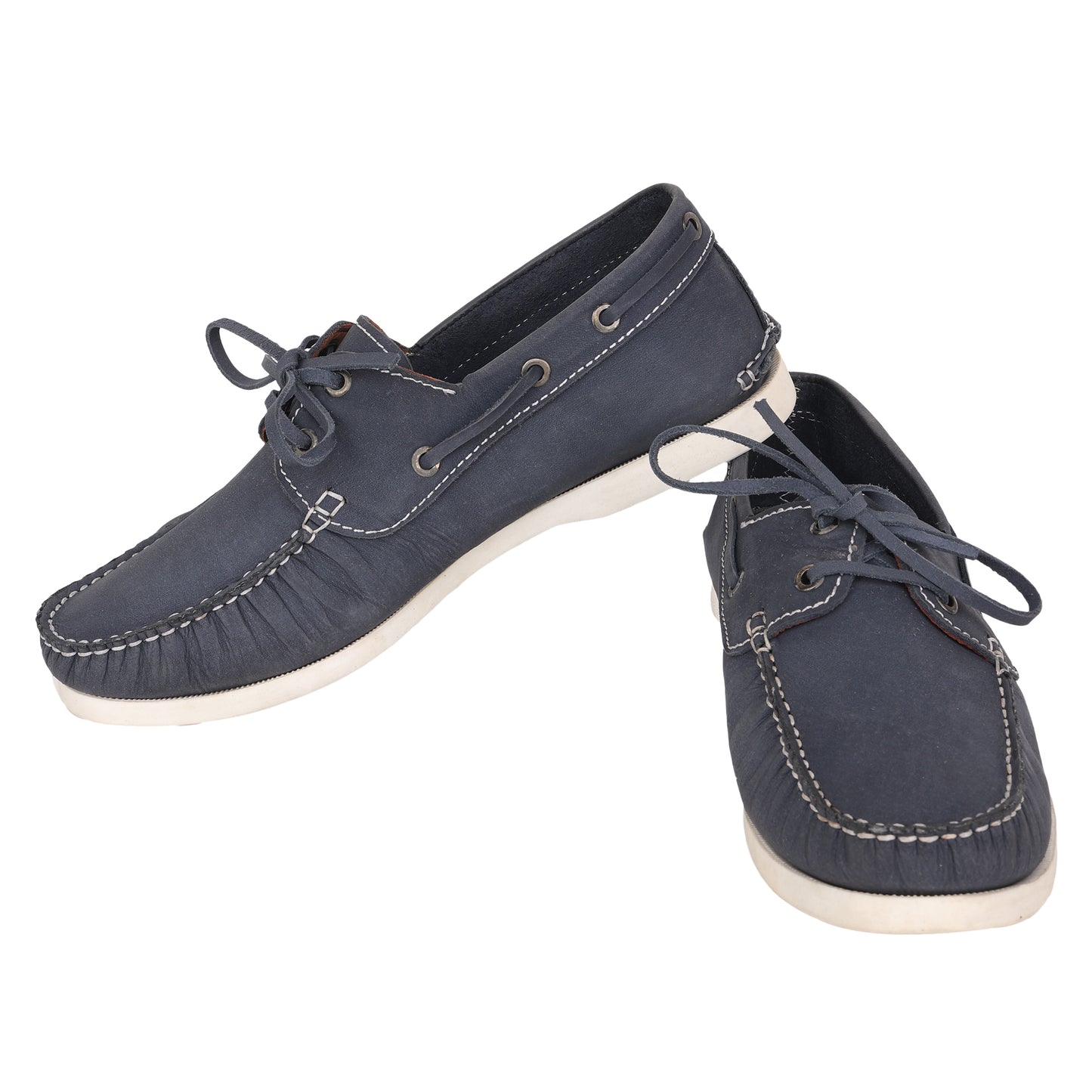 True Moccasin Pure Leather, Navy Blue Boat Shoes with White Sole - TIMBERWHBLU