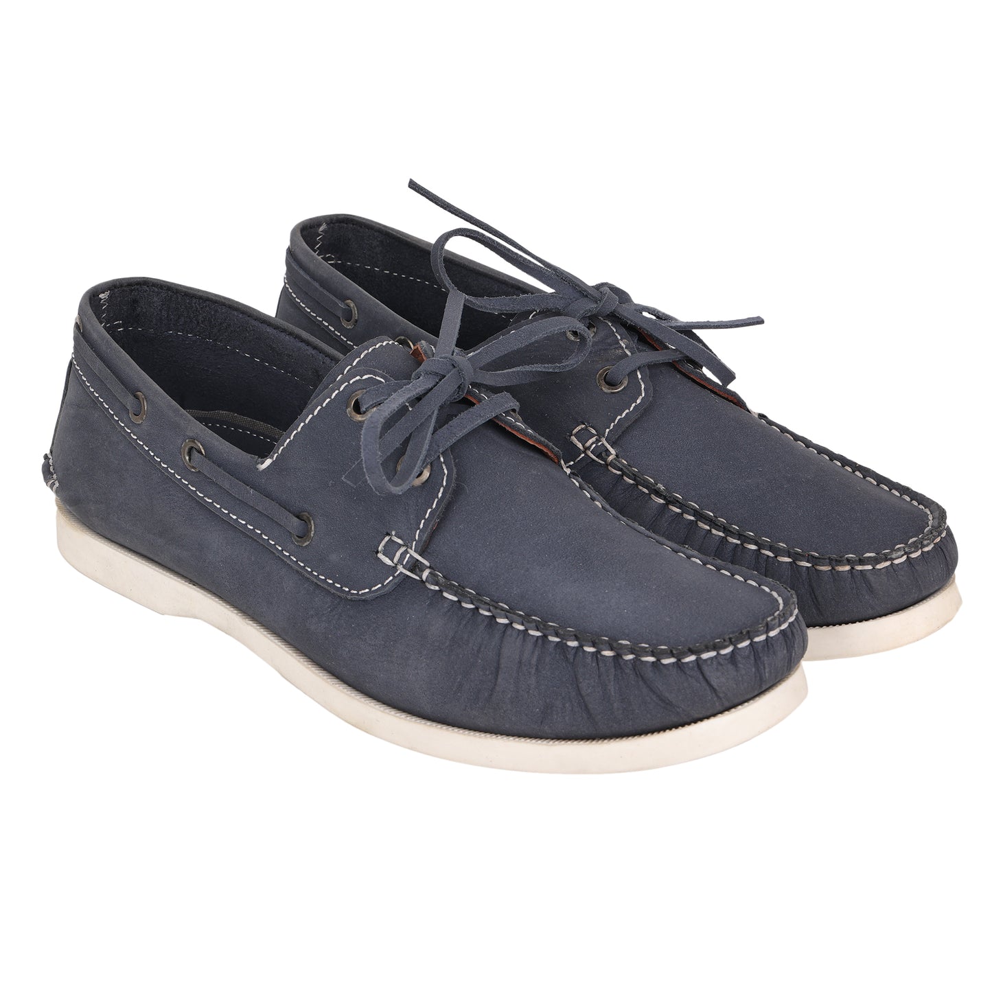 True Moccasin Pure Leather, Navy Blue Boat Shoes with White Sole - TIMBERWHBLU