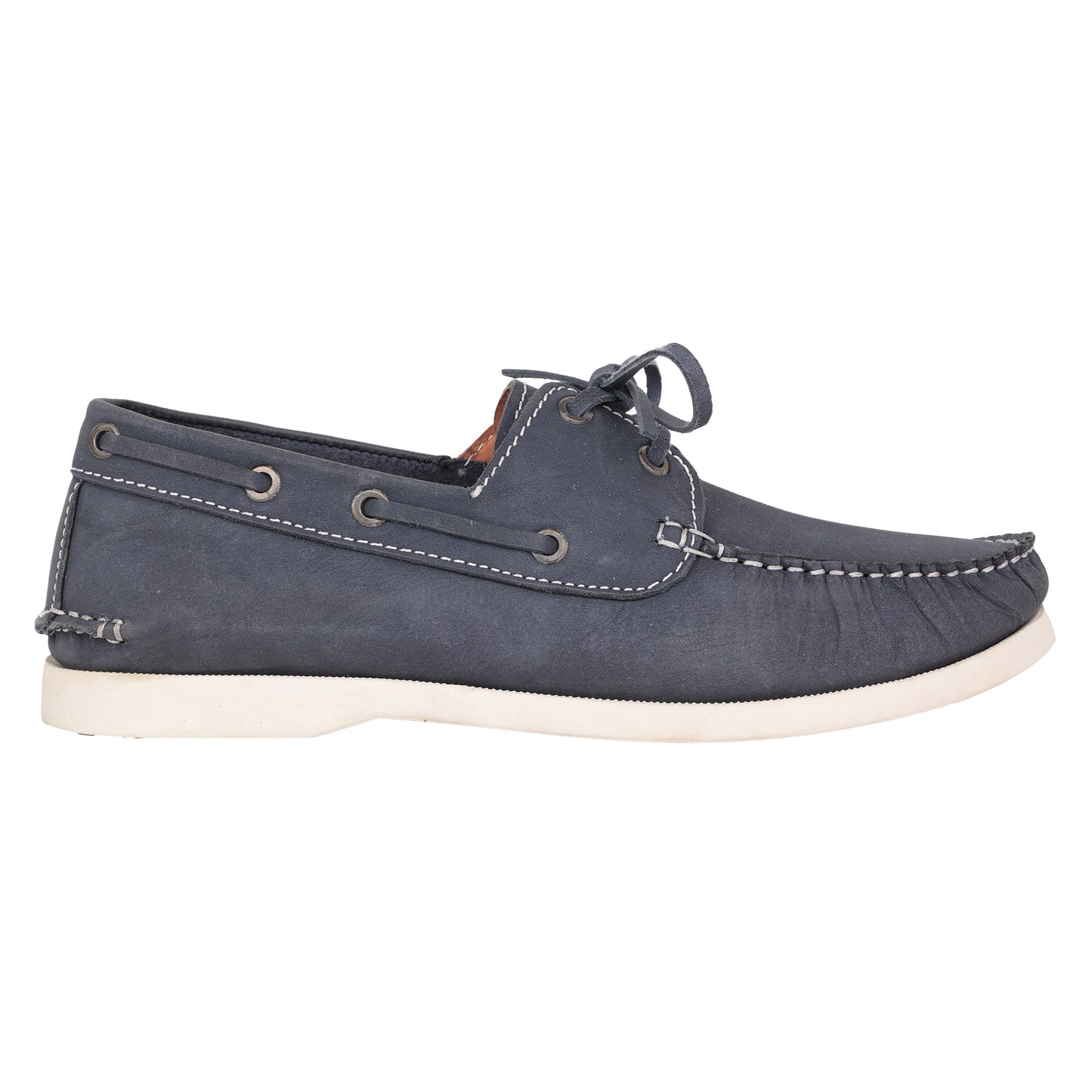 True Moccasin Pure Leather, Navy Blue Boat Shoes with White Sole - TIMBERWHBLU