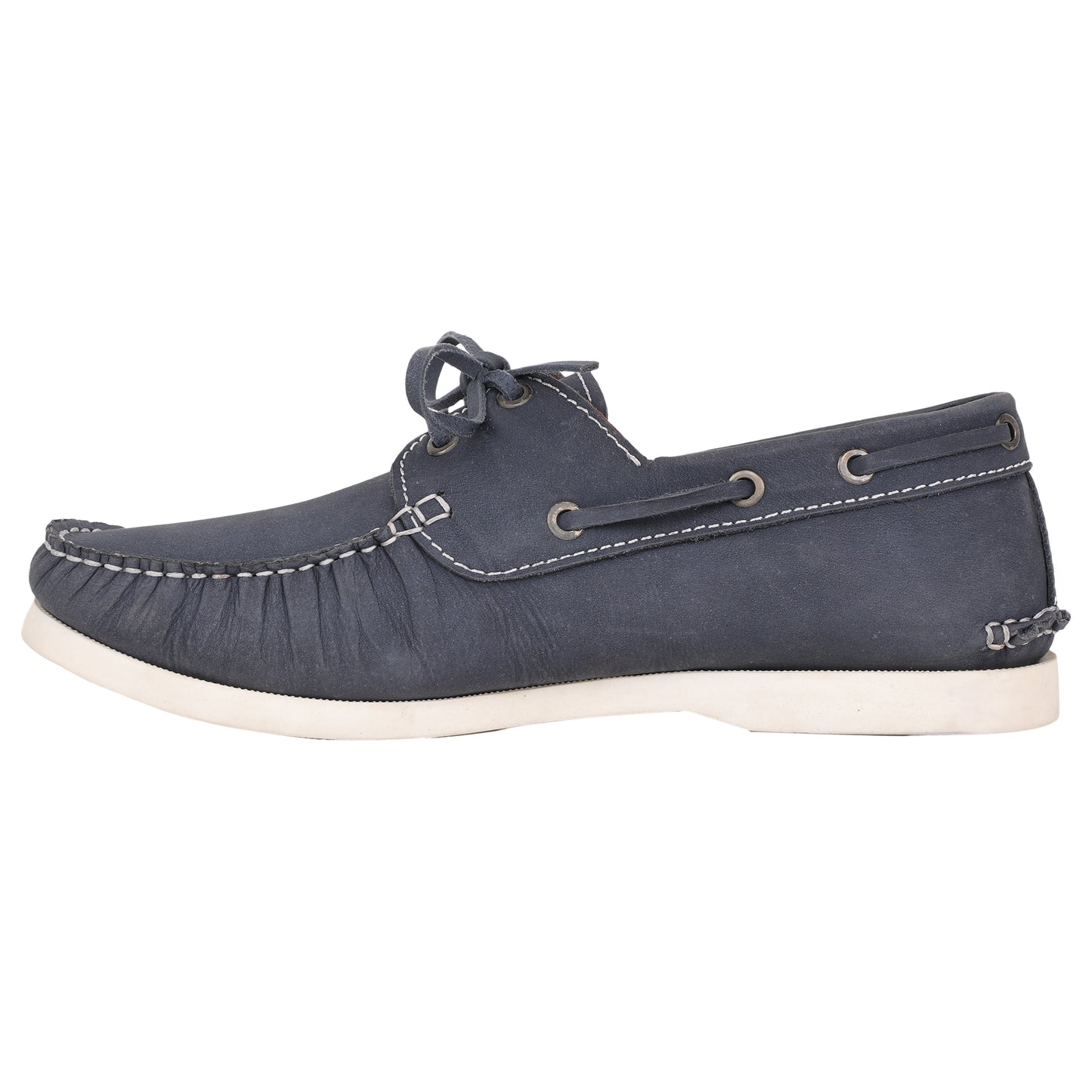 True Moccasin Pure Leather, Navy Blue Boat Shoes with White Sole - TIMBERWHBLU