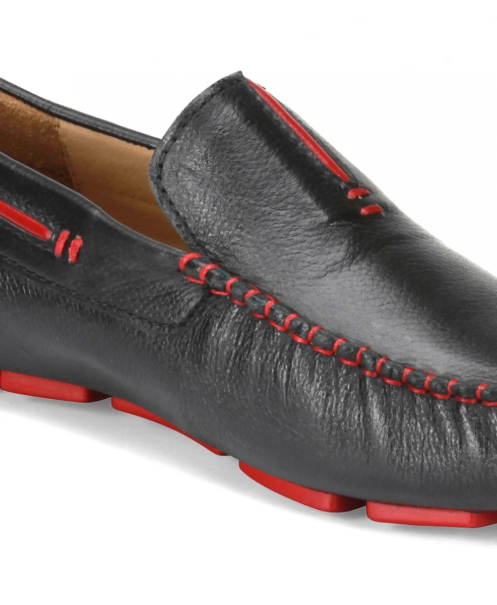 Genuine Leather Black Burgundy Driving Shoes - ZN2341BLKPIP