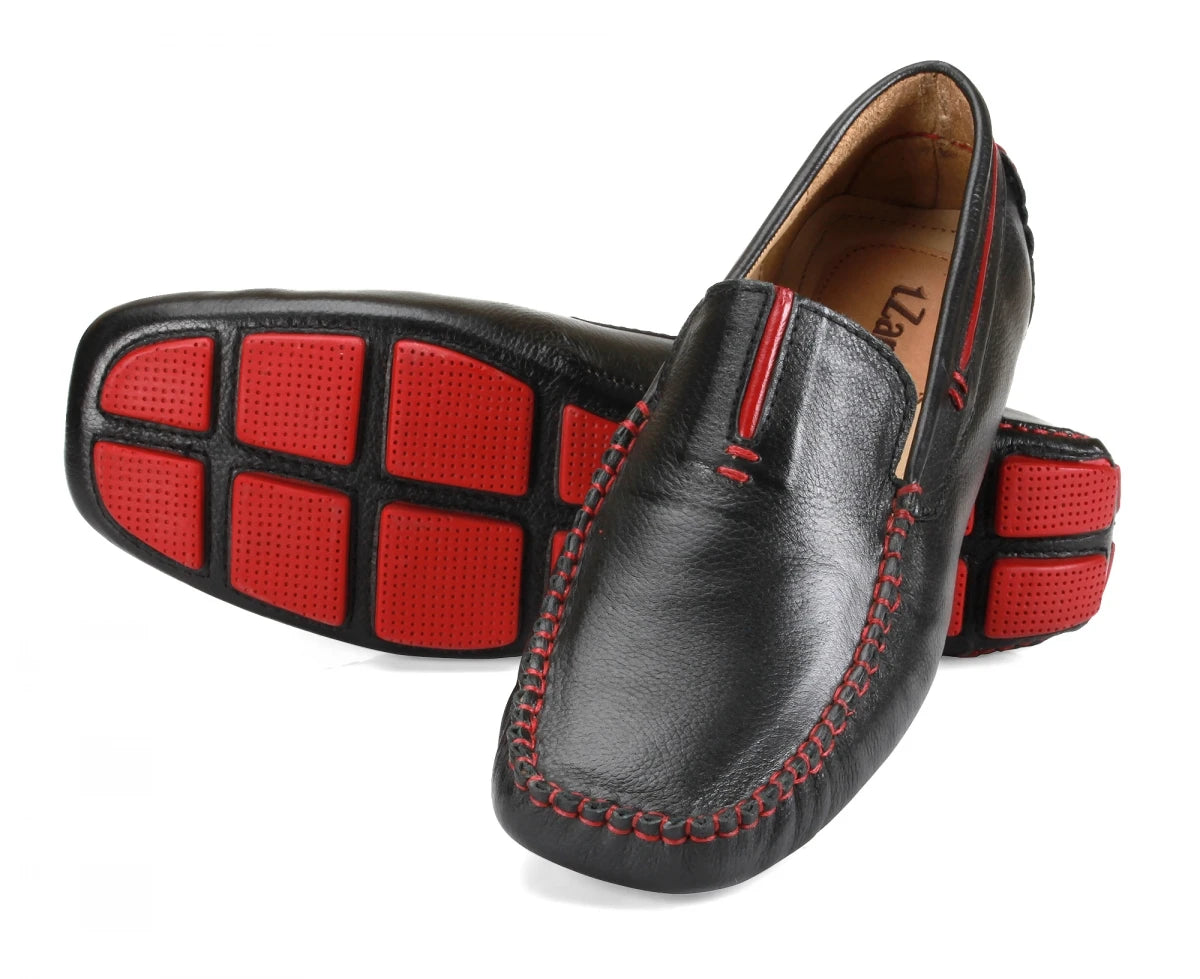 Genuine Leather Black Burgundy Driving Shoes - ZN2341BLKPIP