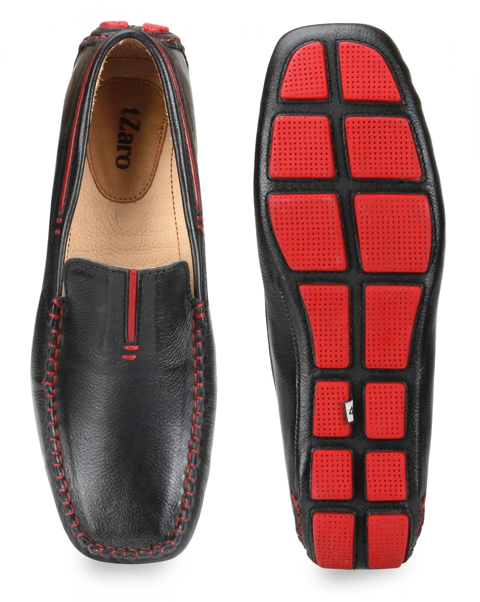 Genuine Leather Black Burgundy Driving Shoes - ZN2341BLKPIP