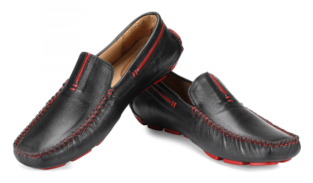 Genuine Leather Black Burgundy Driving Shoes - ZN2341BLKPIP