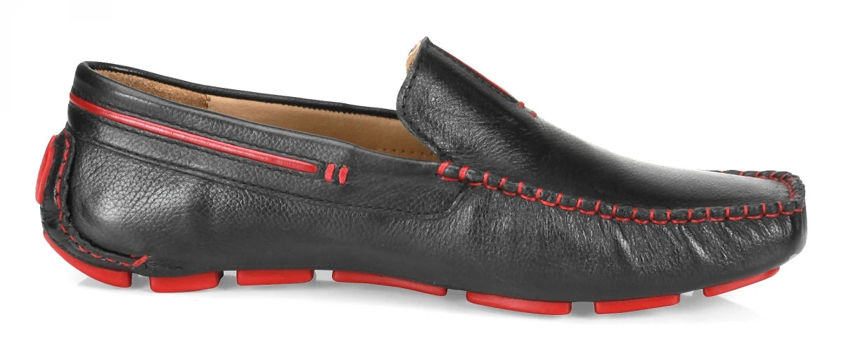 Genuine Leather Black Burgundy Driving Shoes - ZN2341BLKPIP