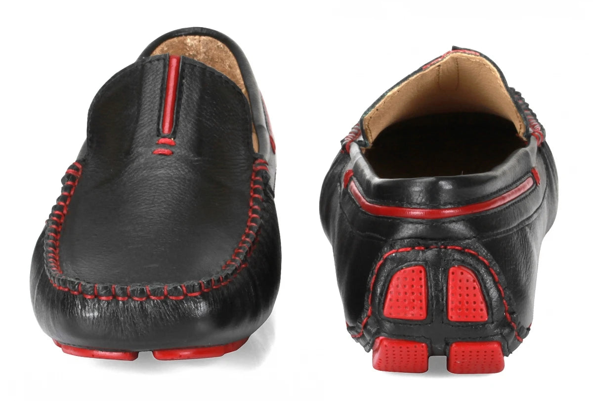 Genuine Leather Black Burgundy Driving Shoes - ZN2341BLKPIP