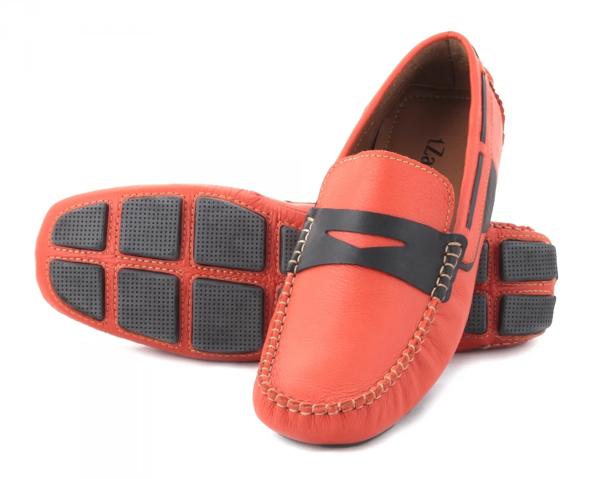 Pure Leather Orange Color Driving Shoes - STN2331Orng
