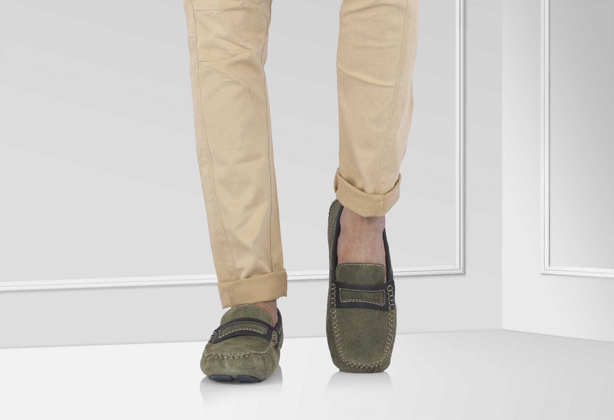 Genuine Leather Olive Driving Shoes - ZTN2337OLVBLK - Showcase Image 2