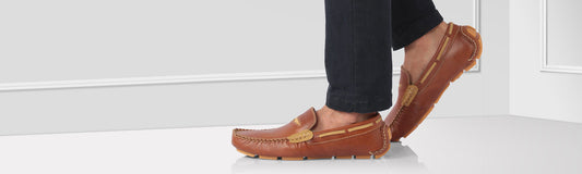 Tan genuine leather penny loafer moccasin stitching gold medallion rubber sole worn without socks – TZARO