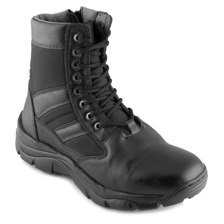 Black genuine leather Apache tactical boot with side zipper, lace-up front and rubber lug outsole front view — TZARO
