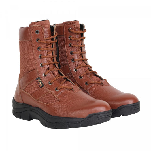 British tan NDM leather tactical boot, close-up front view showing lace-up system and ankle height