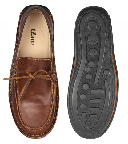 Pure Leather Dark Tan Stitch-Down Boat Shoes - Fredo