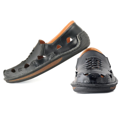 Pure Leather Black Sandal, with Driving Shoe Sole  -  Transformer, DMRONBLK25