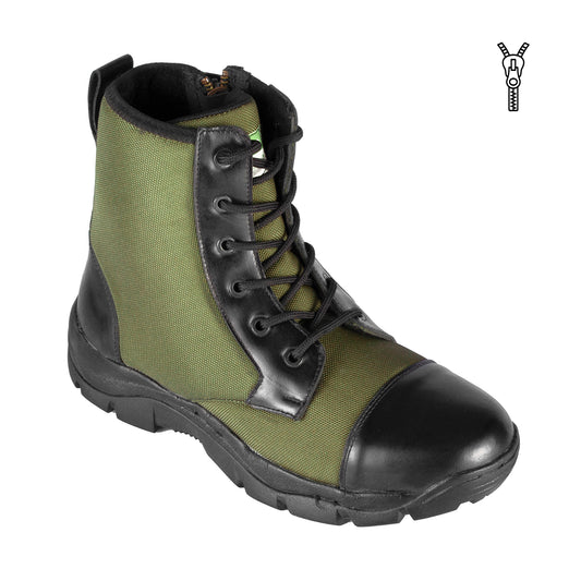 Olive green army boots with side zipper and lace-up, German fabric upper, front three-quarter view – TZARO HULK