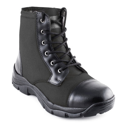 Black army boots with German fabric upper and genuine leather toe cap, front three-quarter view – TZARO HULKCNVBLK