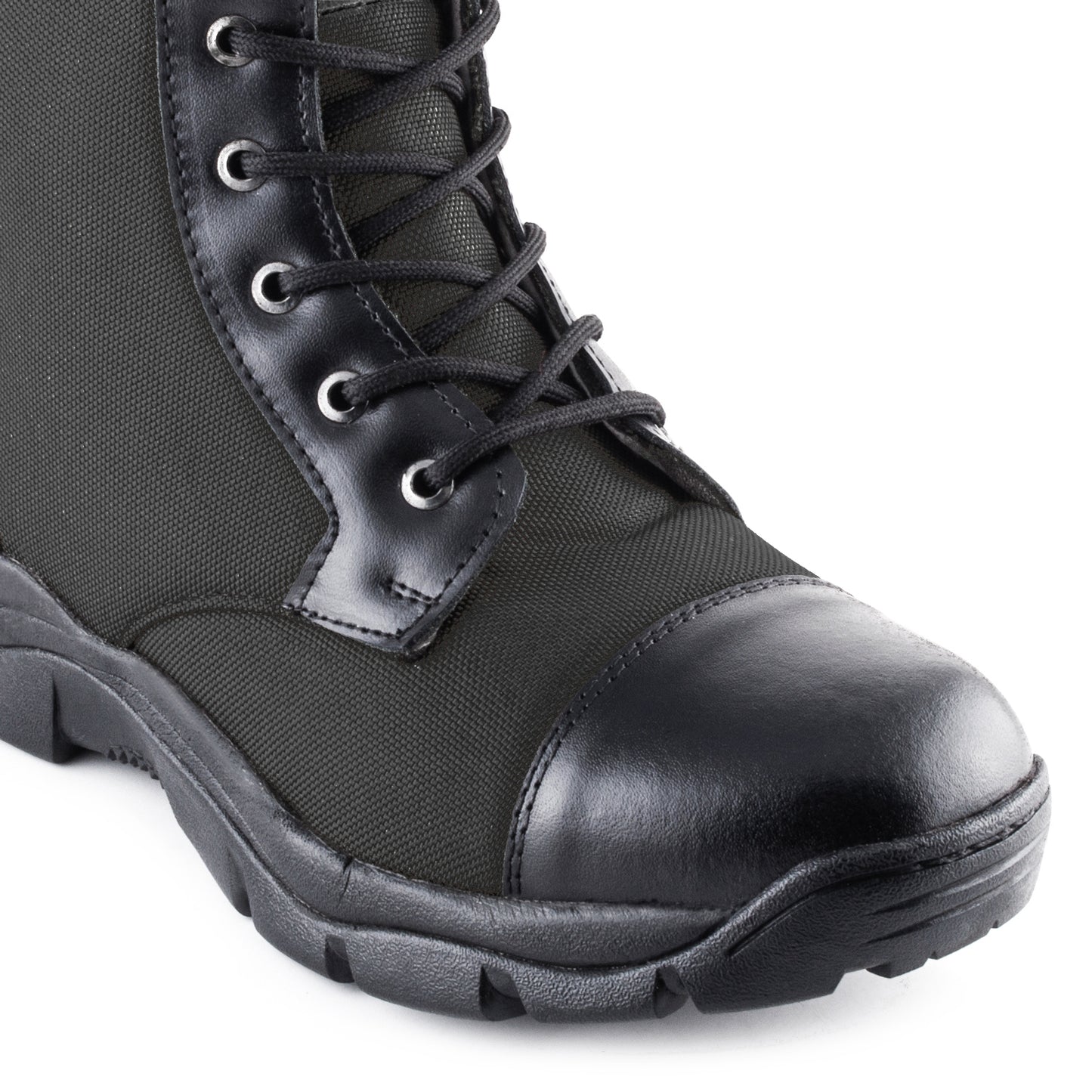 Black army shoes side profile showing canvas fabric upper and lace-up system – TZARO HULKCNVBLK combat boots