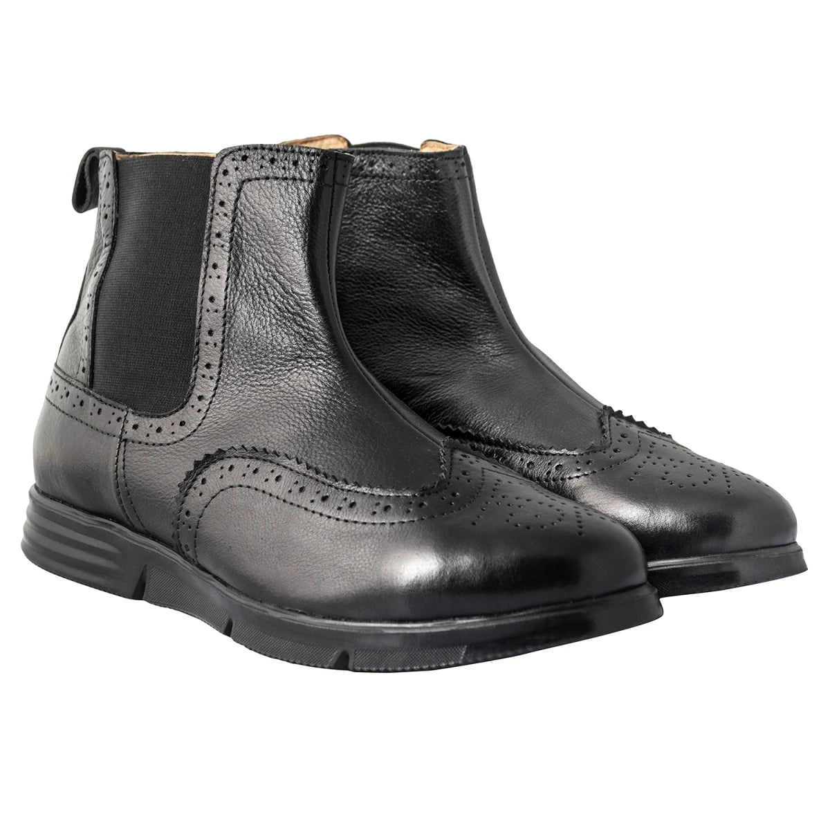 Pure Leather Black Brogue Chelsea Boot — Thimpu | Men's Super-Light NDM Leather Boot with Zipper, Elastic Panel & Continuous Rubber Sole | ICNCHLS2215BL