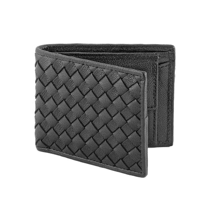 Black Pure Leather Woven Bifold Wallet for Men | TZARO IQANMWEV83BLK