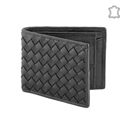 Black Pure Leather Woven Bifold Wallet for Men | TZARO IQANMWEV83BLK