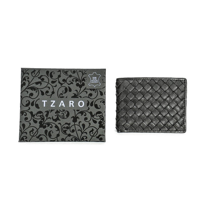Black Pure Leather Woven Bifold Wallet for Men | TZARO IQANMWEV83BLK