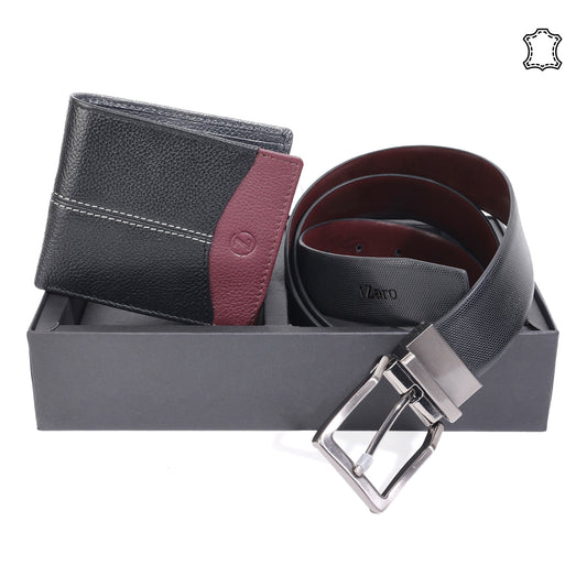 Black and burgundy leather wallet with reversible belt gunmetal buckle gift box set – TZARO