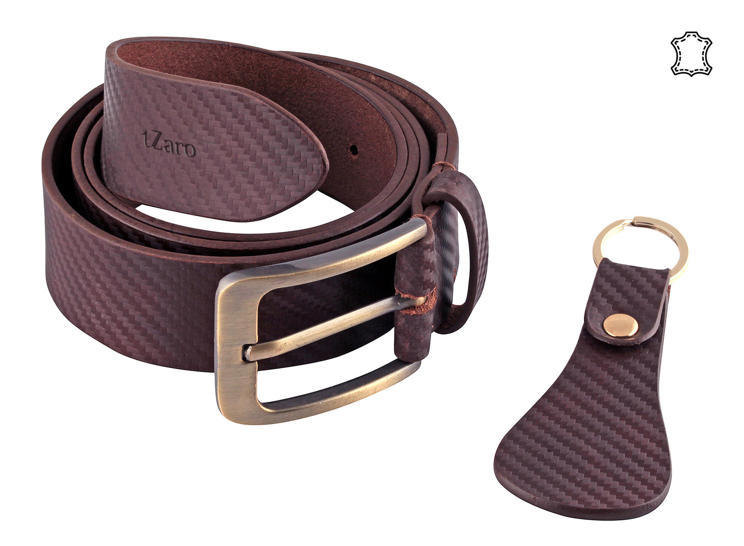 Brown Italian leather belt woven texture brass buckle with matching textured keychain – TZARO