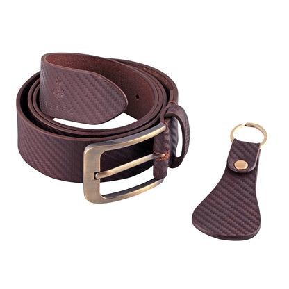 Brown Italian leather belt coiled with matching keychain brass buckle – TZARO