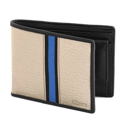 Beige Pure Leather Bifold Wallet for Men with Blue Racing Stripe | TZARO - IQPRSLTHR025