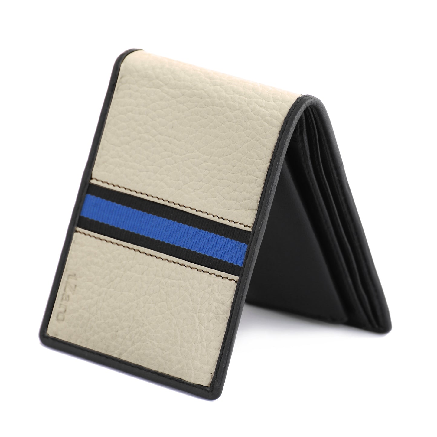 Beige Pure Leather Bifold Wallet for Men with Blue Racing Stripe | TZARO - IQPRSLTHR025