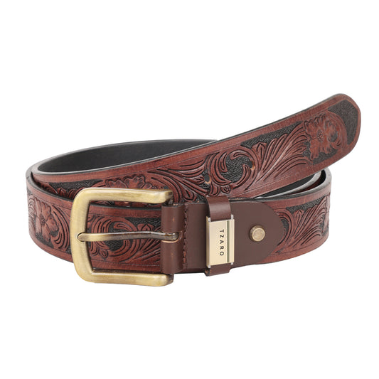Genuine Leather Hand-Tooled Floral Belt for Men, IQZANGLTH0552 WTAJ