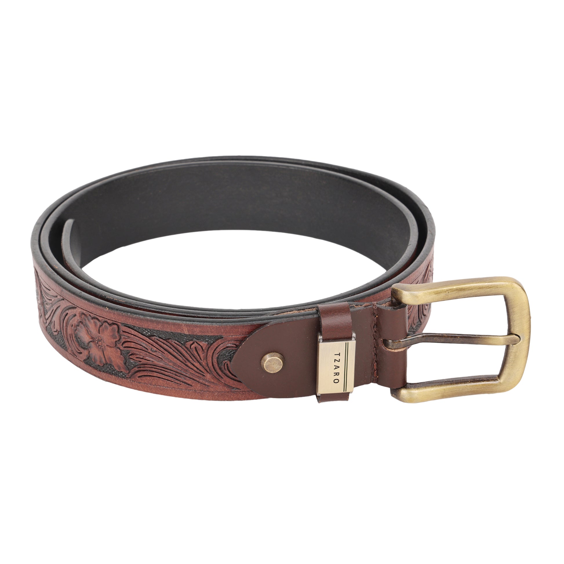 Cognac brown hand-tooled leather belt coiled top view antique brass buckle – TZARO