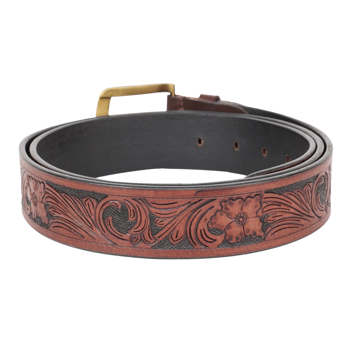 Cognac brown hand-tooled leather belt coiled close-up floral pattern – TZARO