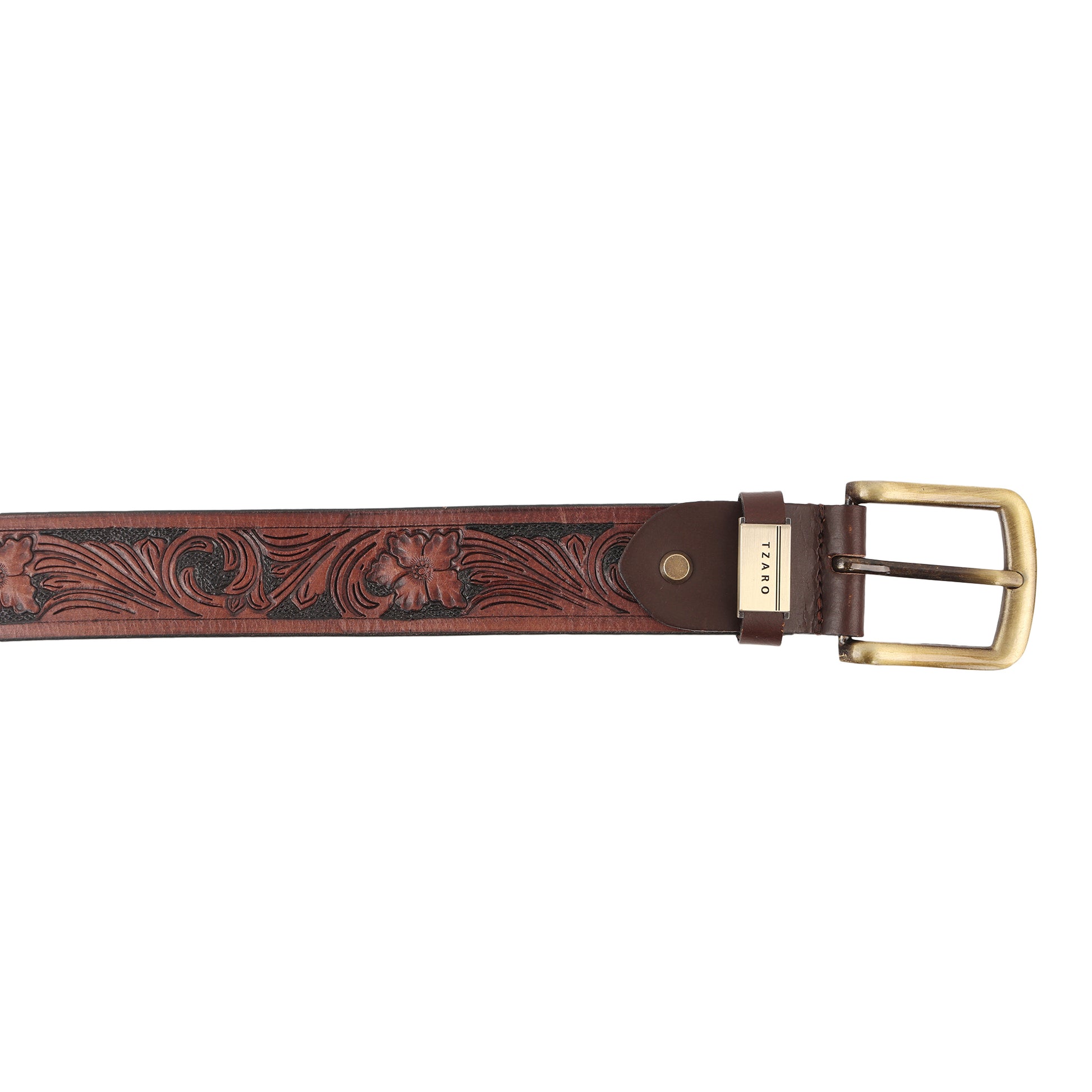 Cognac brown hand-tooled leather belt strap close-up floral pattern detail – TZARO