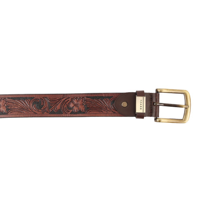 Cognac brown hand-tooled leather belt strap close-up floral pattern detail – TZARO
