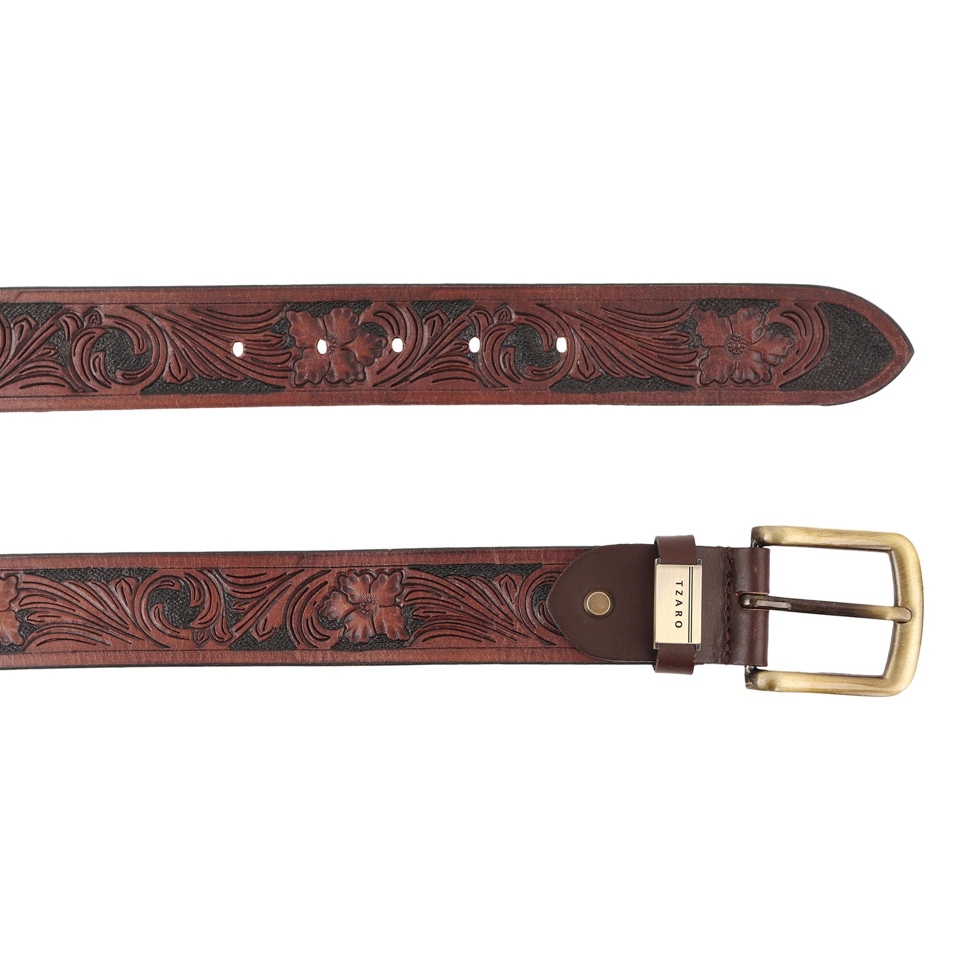 Cognac brown hand-tooled leather belt strap flat lay buckle holes – TZARO