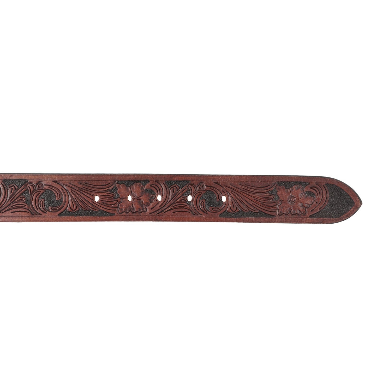 Cognac brown hand-tooled leather belt strap close-up buckle holes – TZARO