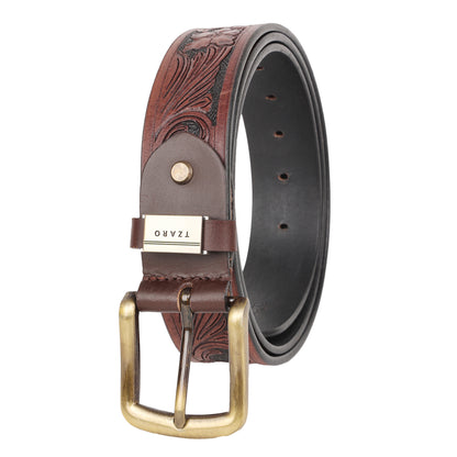 Cognac brown hand-tooled leather belt buckle close-up antique brass detail – TZARO