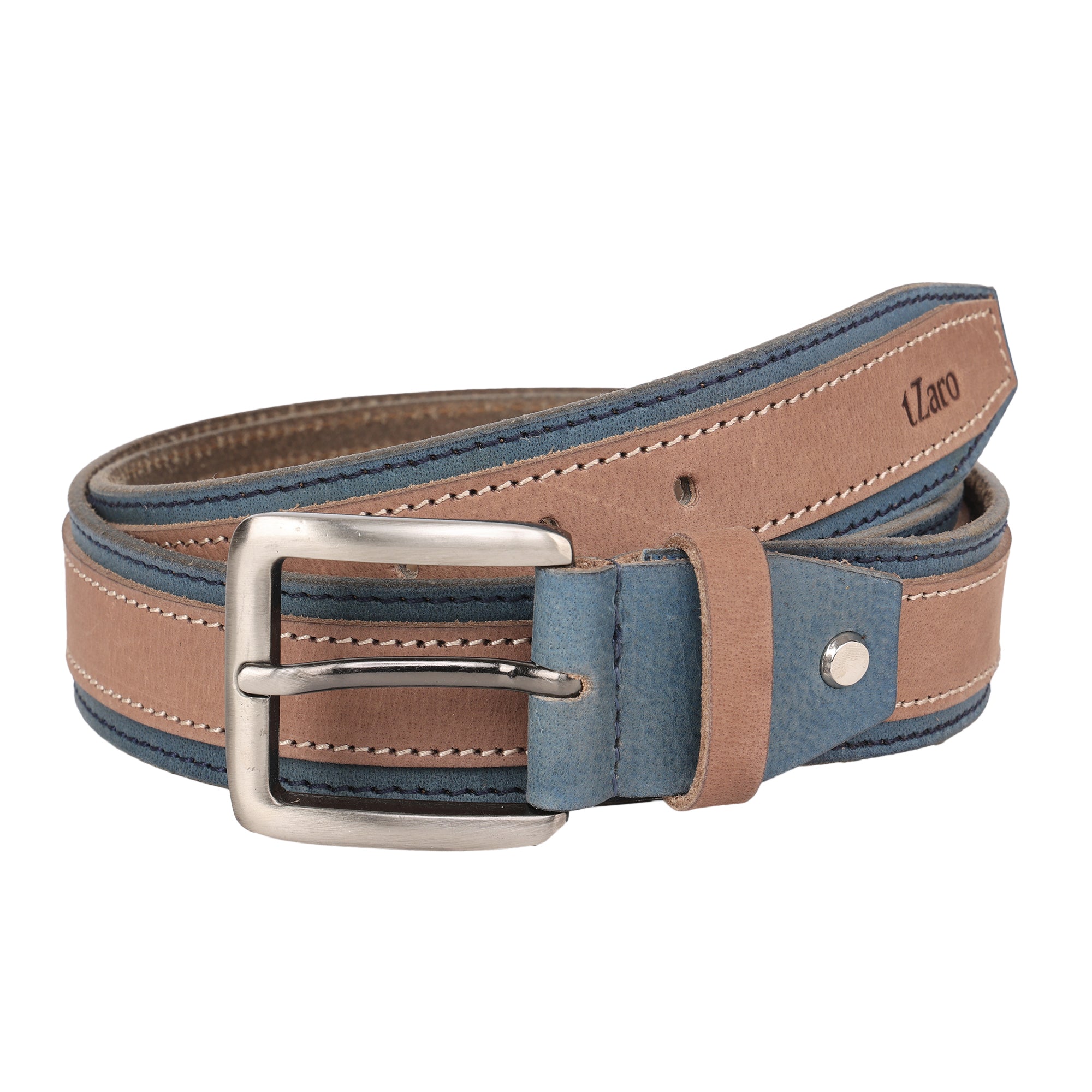 Tan & Blue Twin-Colour Hand-Padded Harness Leather Belt — Nickel Buckle | IQZPRANZLTH591
