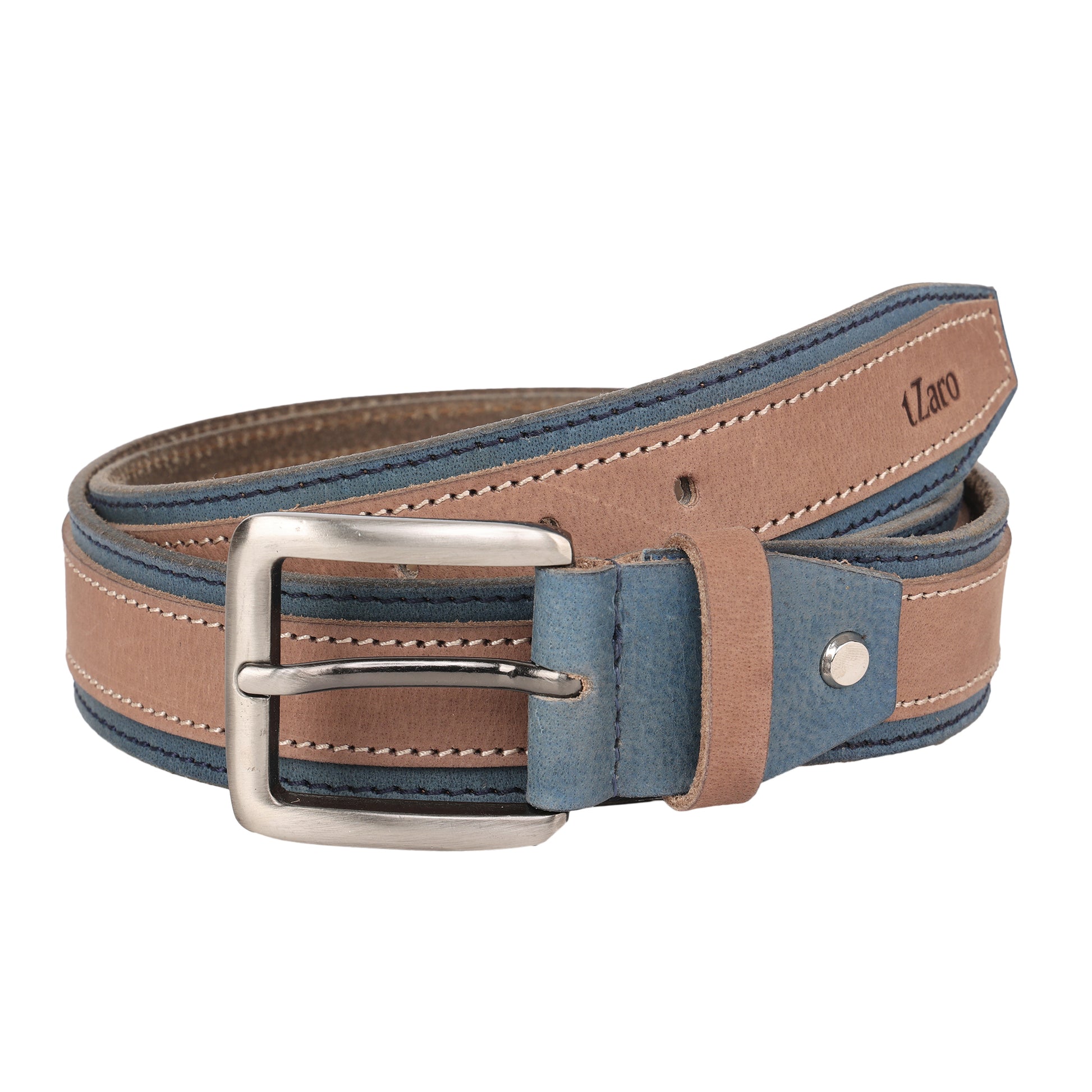Tan and blue genuine leather twin color belt nickel buckle front view – TZARO