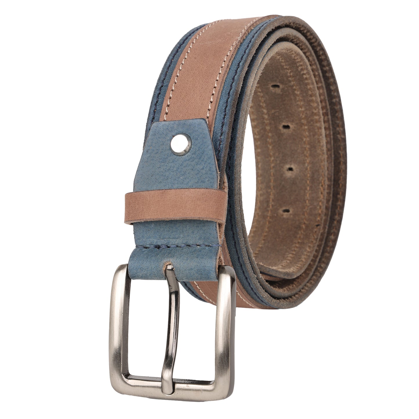 Tan and blue leather twin color belt buckle close-up side view – TZARO