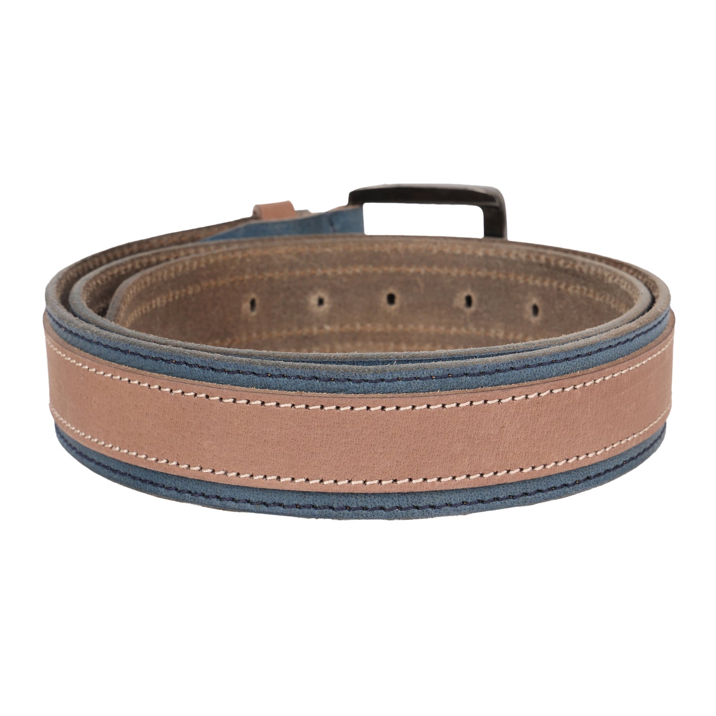 Tan and blue leather twin color belt coiled top view – TZARO