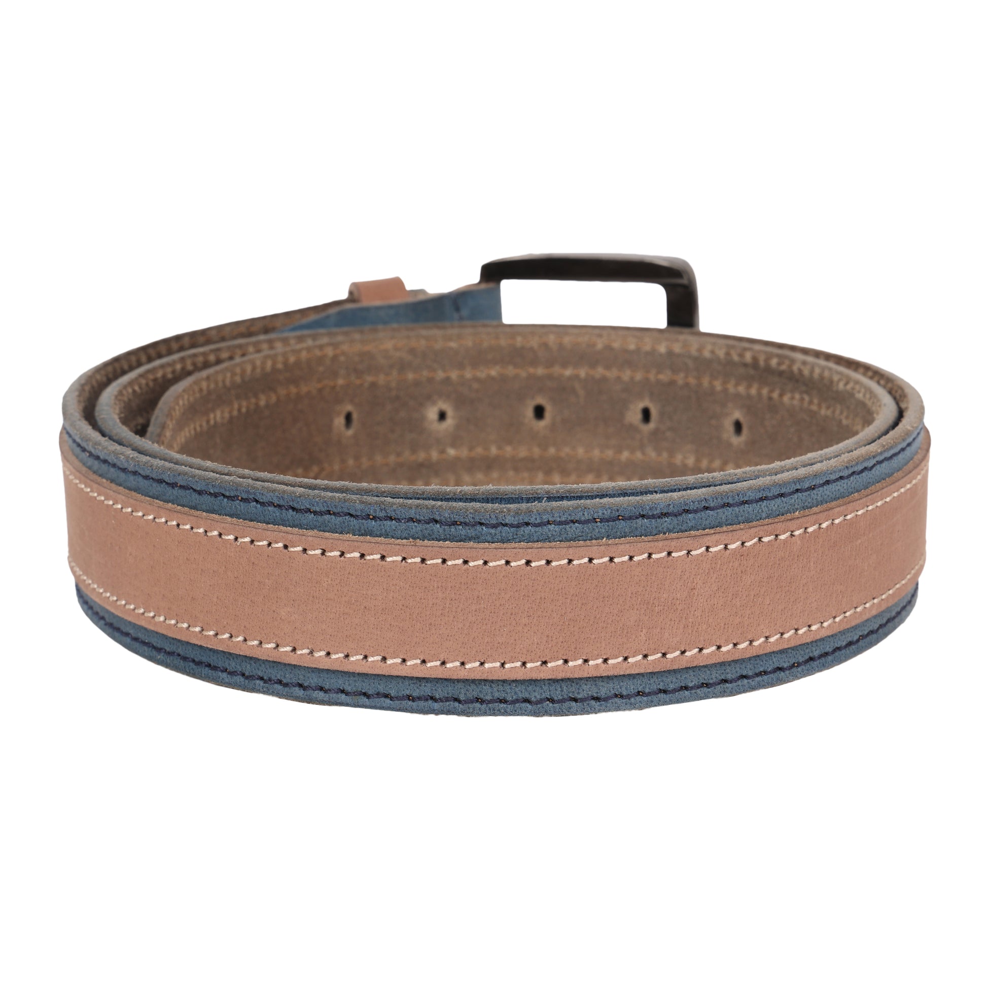 Tan and blue leather twin color belt coiled top view – TZARO