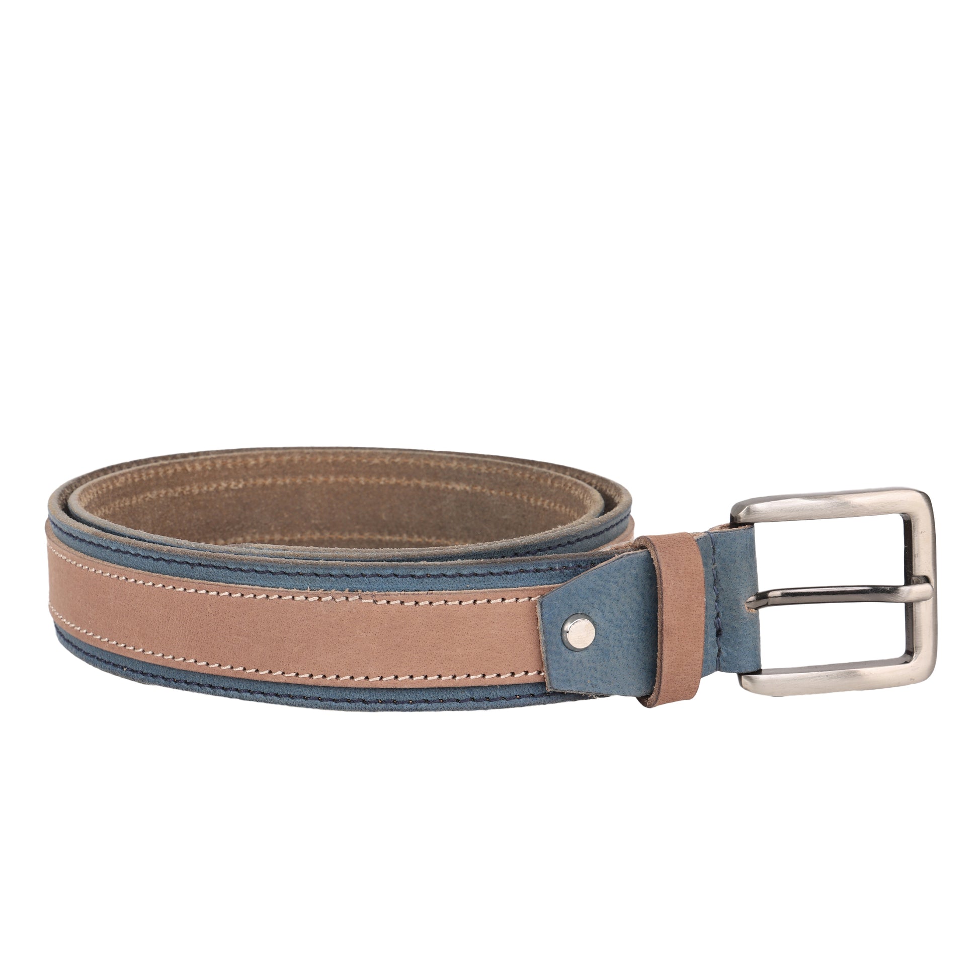 Tan and blue leather twin color belt strap close-up buckle detail – TZARO
