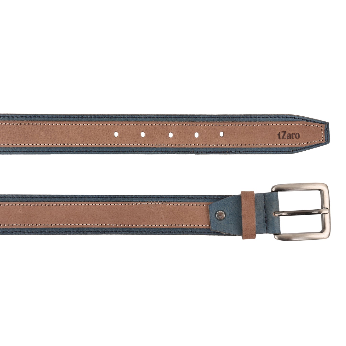 Tan and blue leather twin color belt strap close-up buckle holes – TZARO