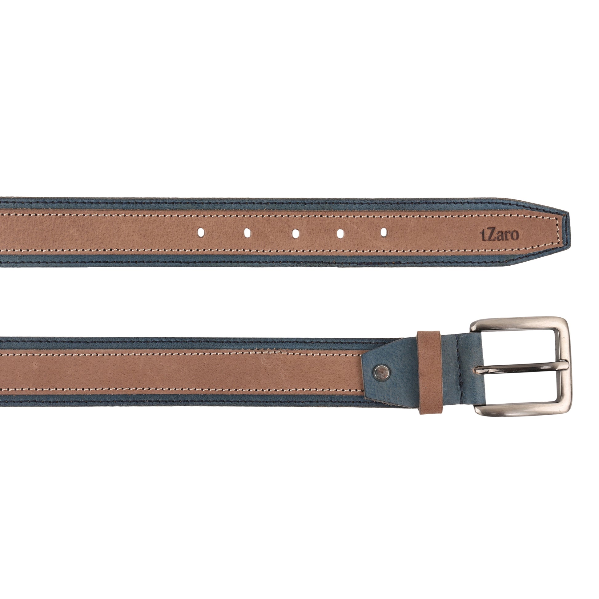 Tan and blue leather twin color belt strap close-up buckle holes – TZARO