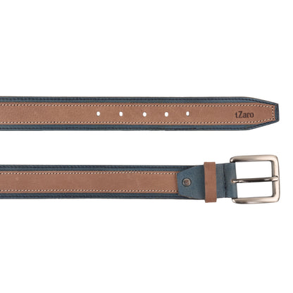 Tan and blue leather twin color belt strap close-up buckle holes – TZARO